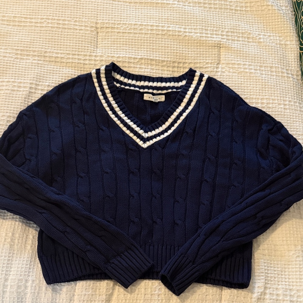 Navy V-Neck Sweater with Striped Trim